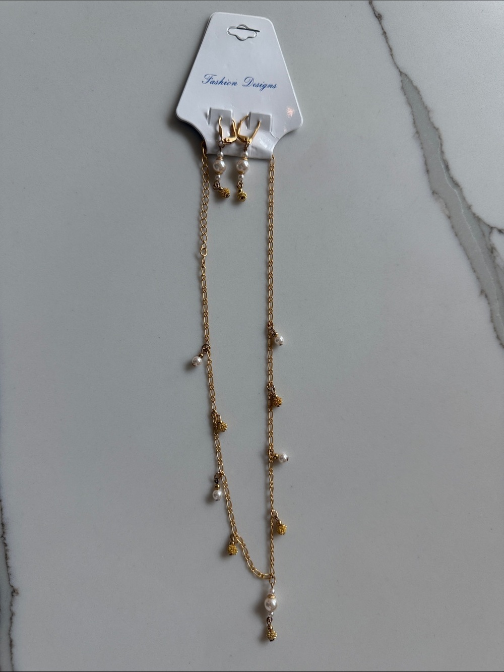 Gold Pearl Drop Necklace and Earring Set